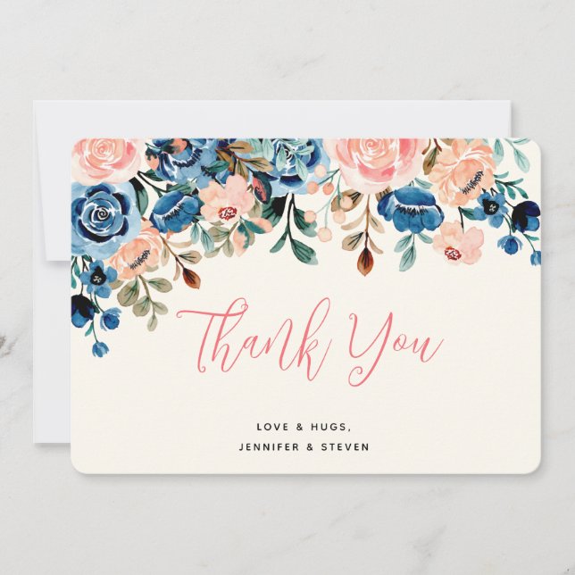 Tarjeta De Agradecimiento Flores de acuarela rosa y azul gracias (Anverso)
