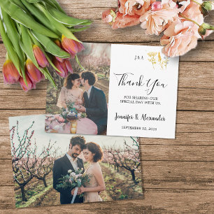 Tarjeta De Agradecimiento Flores de acuarela rústica monograma foto boda