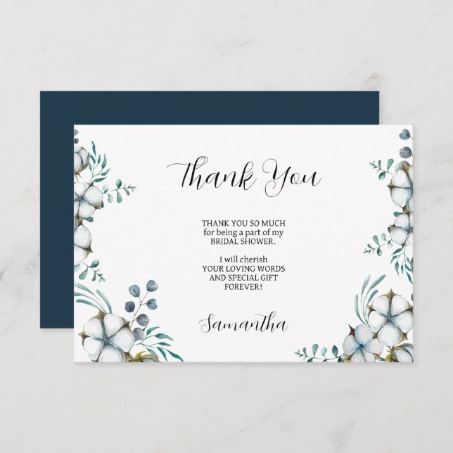 Tarjeta De Agradecimiento Flores de algodón azul marino eucalipto Despedida  (Anverso / Reverso)