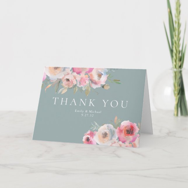 Tarjeta De Agradecimiento Flores de algodón románticas Rubor Blue Sage (Anverso)