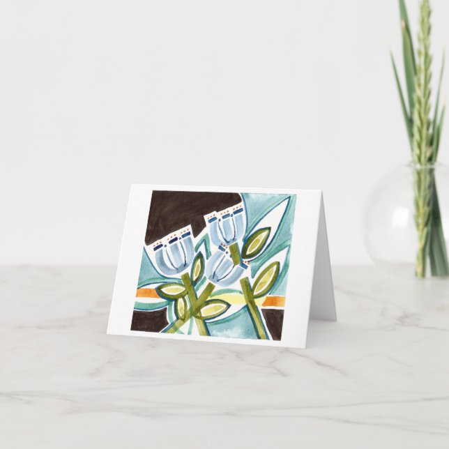 Tarjeta De Agradecimiento Flores de arte folclórico azul (Anverso)