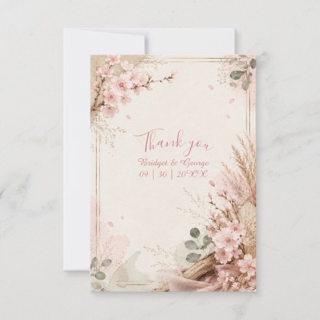 Tarjeta De Agradecimiento Flores de Boda Rústicas Boho Sakura (Anverso)
