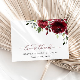 Tarjeta De Agradecimiento Flores de Borgoña, Flores Rojas, Boho, Baby Shower