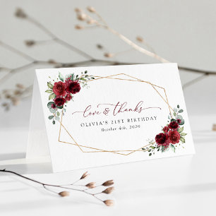 Tarjeta De Agradecimiento Flores de Borgoña, flores rojas, boho, cumpleaños