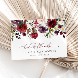 Tarjeta De Agradecimiento Flores de Borgoña, Flores Rosa, Boho, Baby Shower