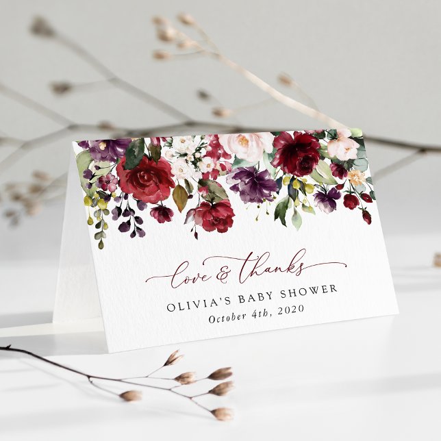 Tarjeta De Agradecimiento Flores de Borgoña, Flores Rosa, Boho, Baby Shower (Subido por el creador)