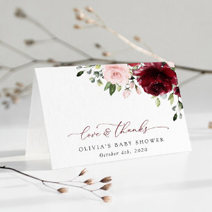Tarjeta De Agradecimiento Flores de Borgoña, Flores Rosa, Boho, Baby Shower