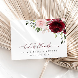 Tarjeta De Agradecimiento Flores de Borgoña, flores rosas, boho, cumpleaños