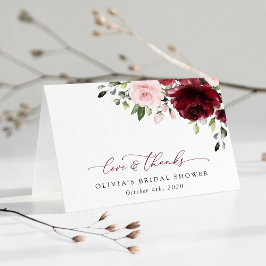 Tarjeta De Agradecimiento Flores de Borgoña, flores rosas, ducha de novia