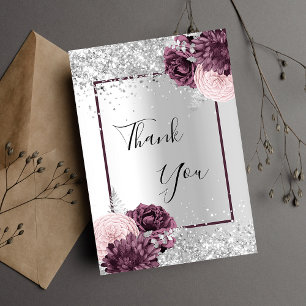 Tarjeta De Agradecimiento Flores de borgoña plateadas elegantes glamurosas