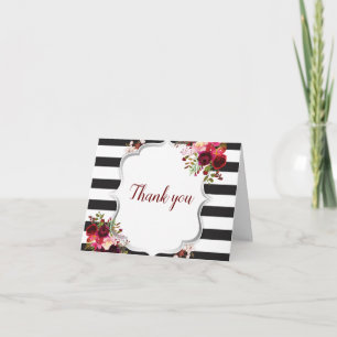 Tarjeta De Agradecimiento Flores de Borgoña Rayas Negras y Blancas
