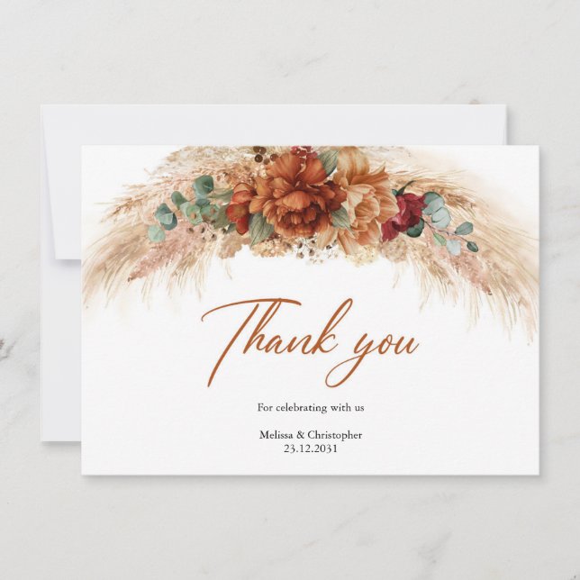Tarjeta De Agradecimiento Flores de cobre naranja quemadas pampas hincha sec (Anverso)