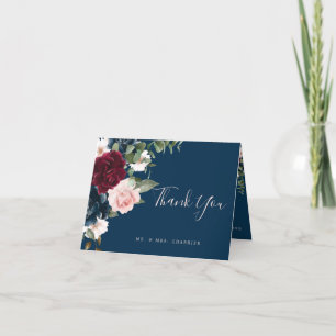 Tarjeta De Agradecimiento Flores de color rojo burdeos y azul elegante