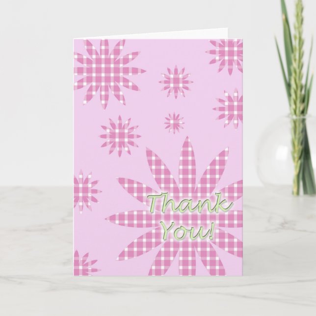 Tarjeta de agradecimiento flores de cuadros rosado (Anverso)