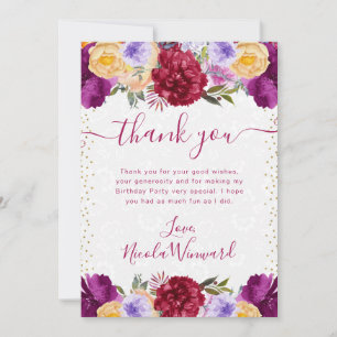 Tarjeta De Agradecimiento Flores de cumpleaños de acuarela rojas y púrpuras