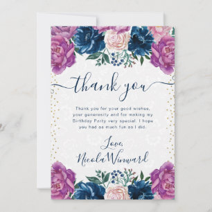 Tarjeta De Agradecimiento Flores de Cumpleaños de Verano Azules y Moradas