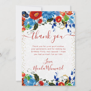 Tarjeta De Agradecimiento Flores de cumpleaños en acuarela rojas y azules