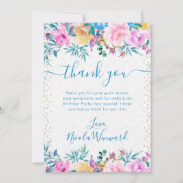 Tarjeta De Agradecimiento Flores de cumpleaños en acuarela rosa y azul