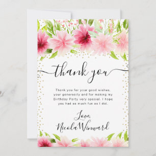 Tarjeta De Agradecimiento Flores de Cumpleaños Veraniegas Rosadas Acuarela