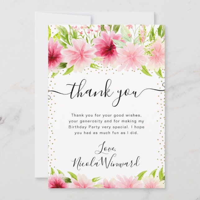 Tarjeta De Agradecimiento Flores de Cumpleaños Veraniegas Rosadas Acuarela (Anverso)