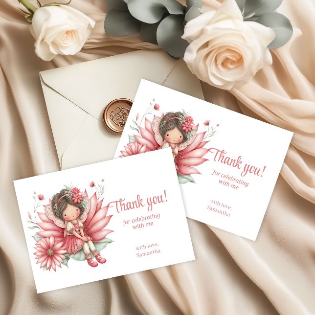 Tarjeta De Agradecimiento Flores de Hadas Rosadas Caprichosas Cumpleaños 4 (Whimsical Blush Pink Fairy Flowers 4th Birthday Thank You Card)