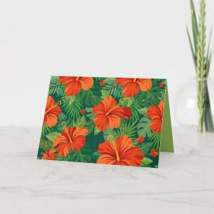 Tarjeta De Agradecimiento Flores de Hibisco Rojo Naranja Verde Follaje de la