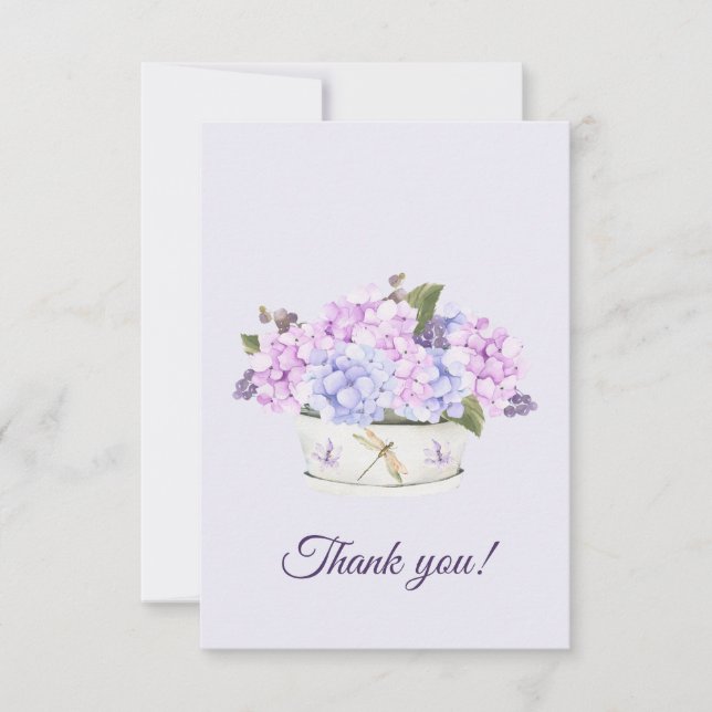 Tarjeta De Agradecimiento Flores de hidrangea rosa y púrpura acuarela (Anverso)