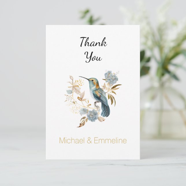 Tarjeta De Agradecimiento Flores de Hortensia Colibrí   (Anverso de pie)