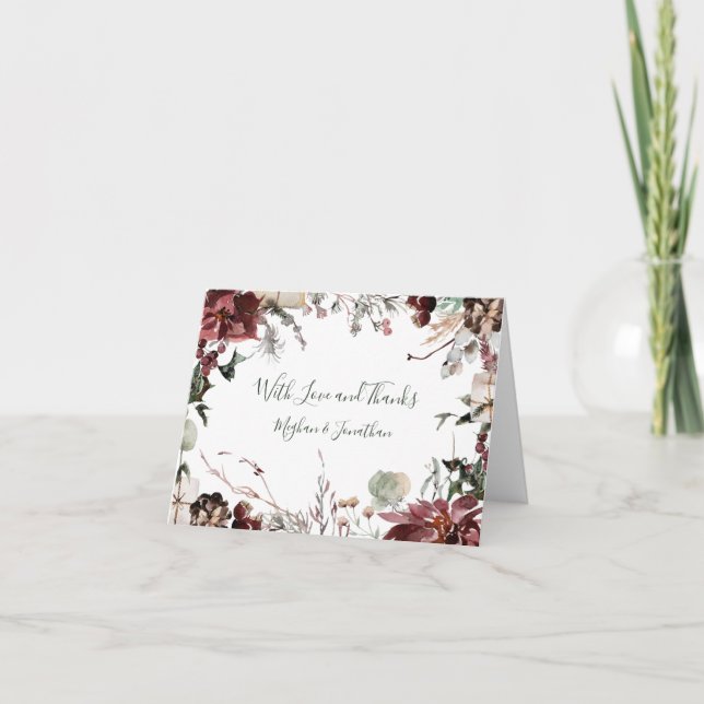 Tarjeta De Agradecimiento Flores de Invierno - Verde Bosque Oscuro - Boda (Anverso)
