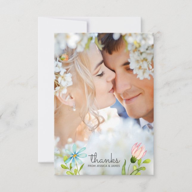 Tarjeta De Agradecimiento Flores de manantial acuarela | Foto Boda (Anverso)