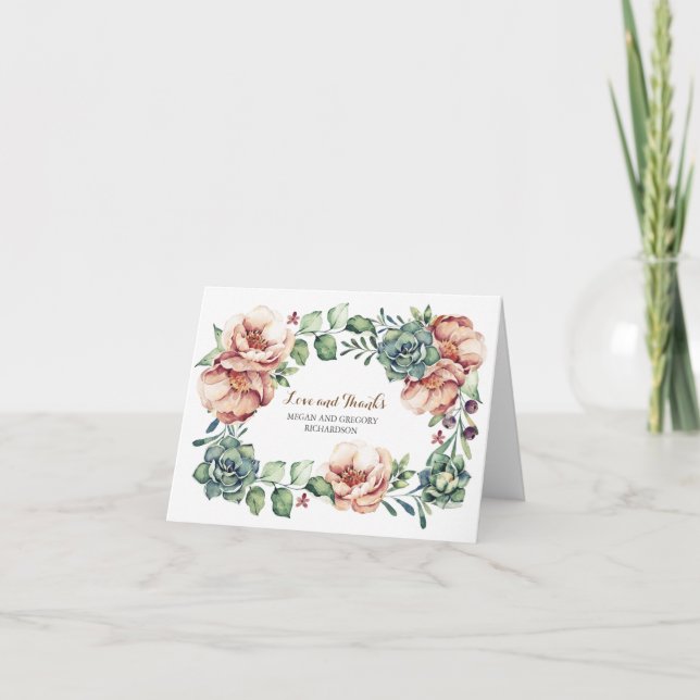 Tarjeta De Agradecimiento flores de marfil y caídas suculentas gracias (Anverso)