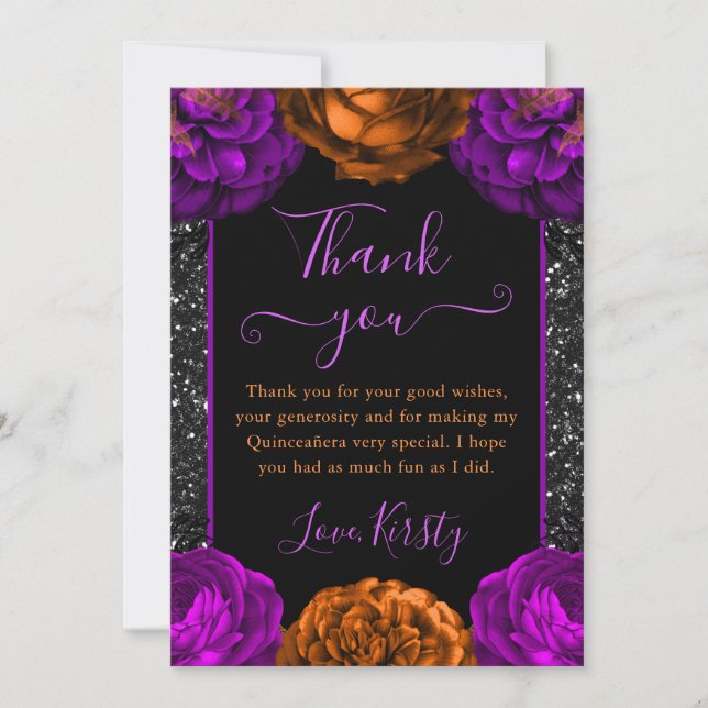 Tarjeta De Agradecimiento Flores de naranja y morado Halloween Quinceanera (Anverso)