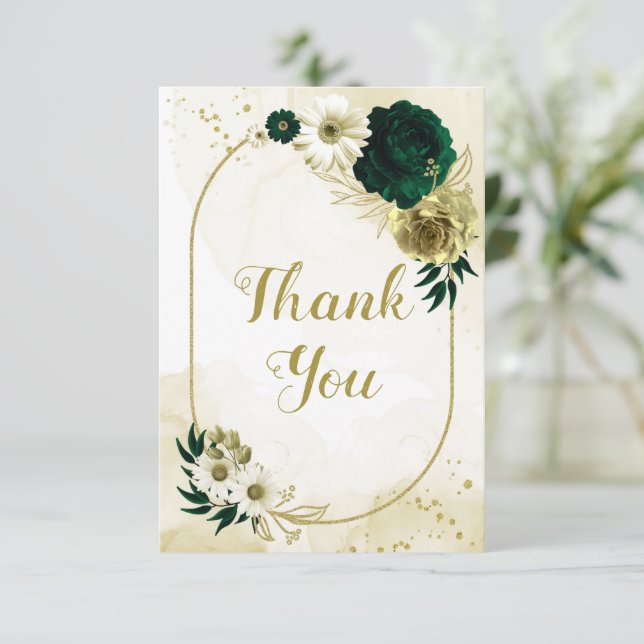 Tarjeta De Agradecimiento Flores de oro de marfil verde esmeralda asombrosas (Anverso de pie)