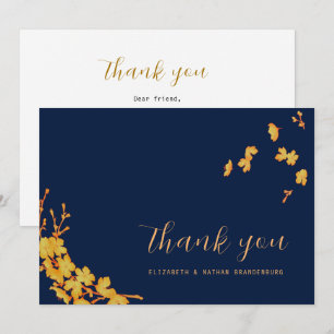 Tarjeta De Agradecimiento Flores de Oro Simple Elegante Azul Marino