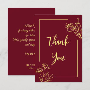 Tarjeta De Agradecimiento Flores de oro simples boda burgundy