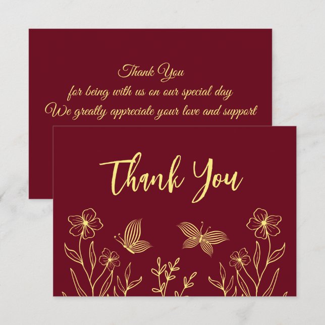 Tarjeta De Agradecimiento Flores de oro simples boda burgundy (Anverso / Reverso)