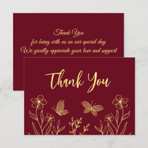 Tarjeta De Agradecimiento Flores de oro simples boda burgundy
