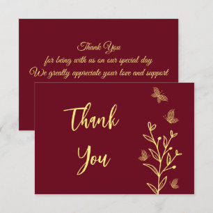 Tarjeta De Agradecimiento Flores de oro simples boda burgundy