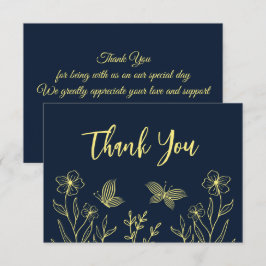 Tarjeta De Agradecimiento Flores de oro simples en boda de azul marino