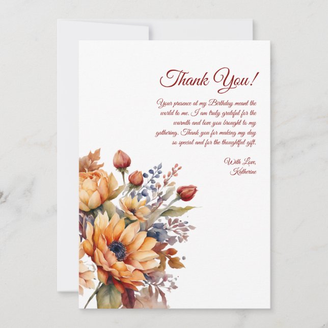 Tarjeta de Agradecimiento-Flores de Otoño Acuarela (Anverso)