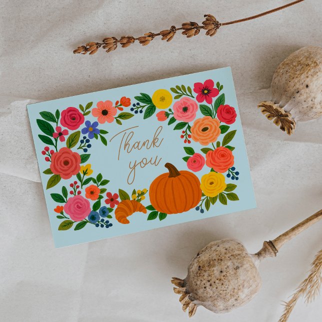 Tarjeta De Agradecimiento Flores de Otoño Azul Calabaza Shower de Bebé (Subido por el creador)