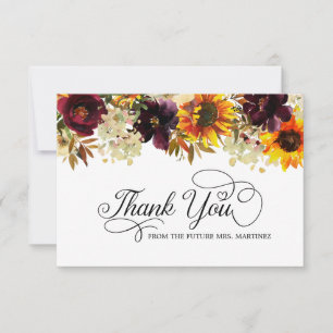 Tarjeta De Agradecimiento Flores de Otoño Girasol Rosa Bridal Shower Agradec