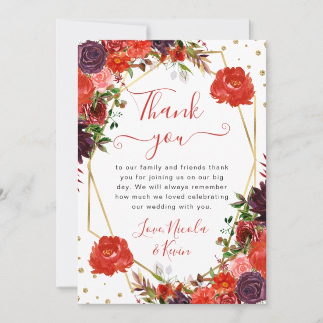Tarjeta De Agradecimiento Flores de otoño naranjas y marrones Marco Boda (Anverso)