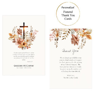 Tarjeta De Agradecimiento Flores de Otoño y Cruz Funeral Católico Romano