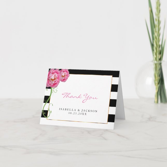 Tarjeta De Agradecimiento Flores de Peonías en Blanco y Negro - Gracias (Anverso)