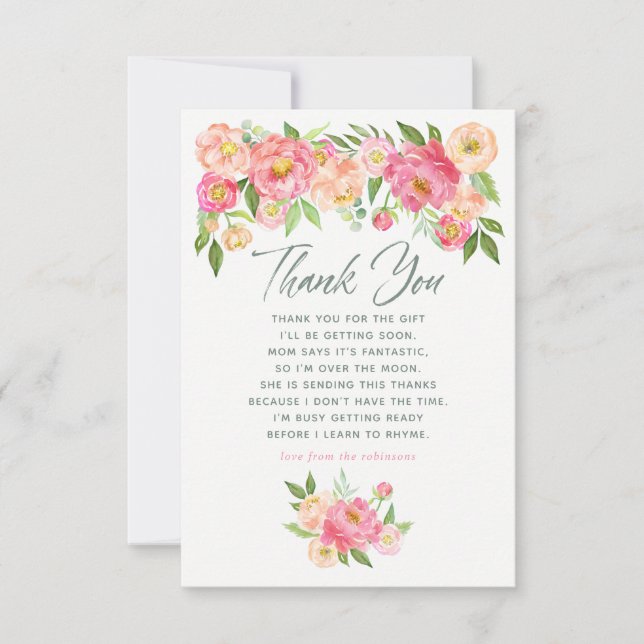 Tarjeta De Agradecimiento Flores de Peony Spring Baby Shower Gracias (Anverso)