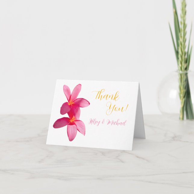 Tarjeta De Agradecimiento Flores de Plumeria rosa, tropical, Boda floral, (Anverso)