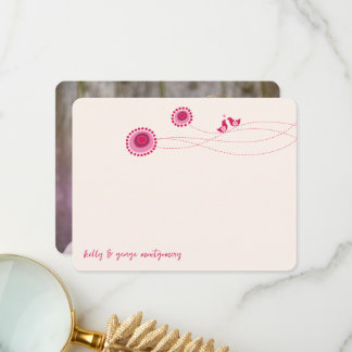 Tarjeta De Agradecimiento Flores de puntos rosados y pájaros besándose lindo