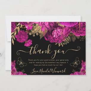 Tarjeta De Agradecimiento Flores de Quinceañera de acuarela rosa caliente y