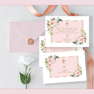 Tarjeta De Agradecimiento Flores de Rubor rosadas cruza el bautismo de marco